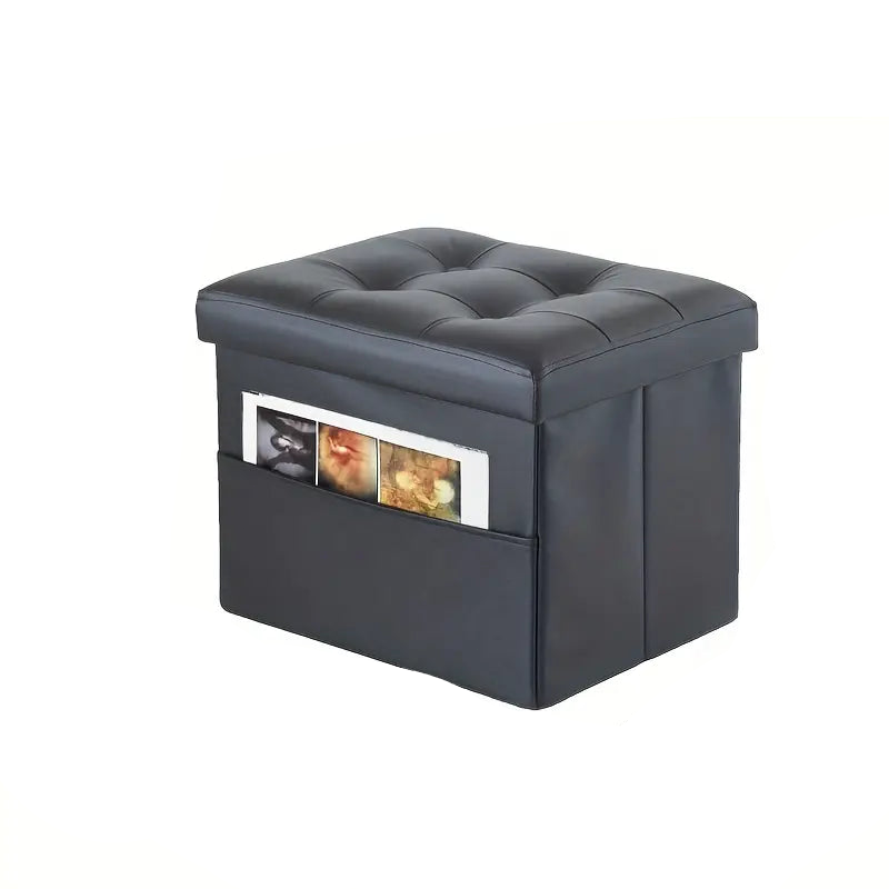 Black PU Leather Storage Ottoman: Folding Foot Stool with Thicker Foam