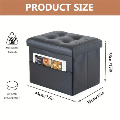 Black PU Leather Storage Ottoman: Folding Foot Stool with Thicker Foam