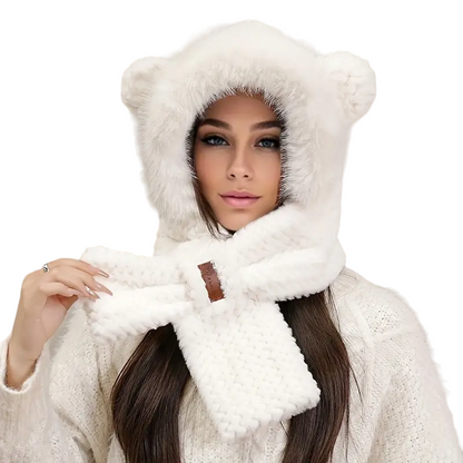 Winter White Cartoon Knitted Hat Scarf with Ear Warmer Toggle Closure