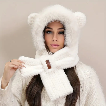Winter White Cartoon Knitted Hat Scarf with Ear Warmer Toggle Closure