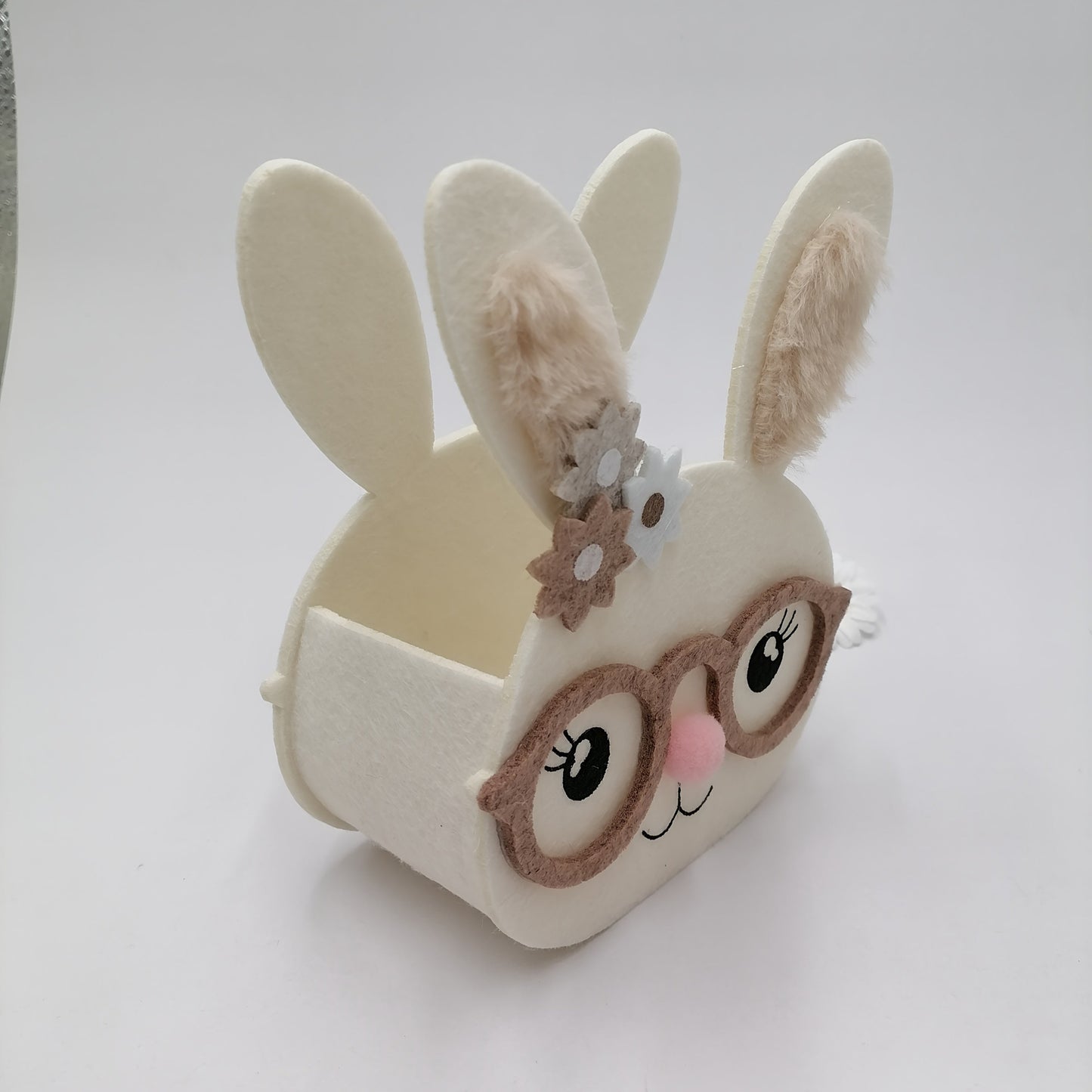 Spring Felt Rabbit Box with Glasses and Floral Accents