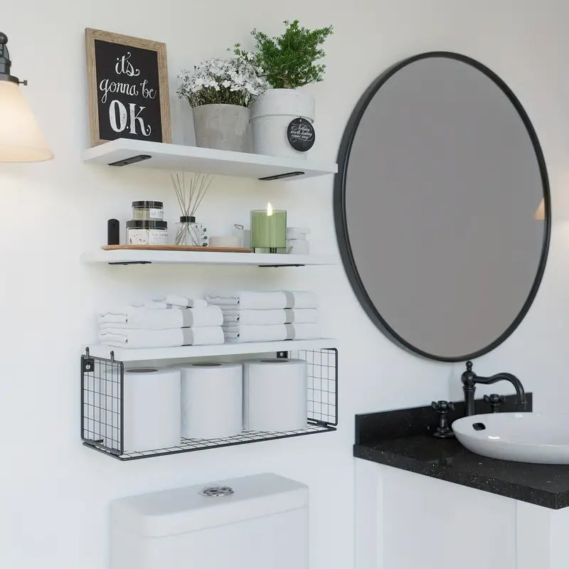 Elevate your bathroom decor with these sleek wood floating shelves