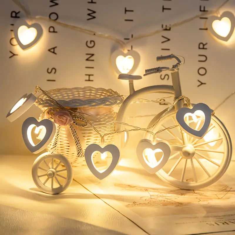 Romantic LED Heart-Shaped Wooden String Lights - 10 Lights, 4.9ft, Battery-Power(Warm White)ed