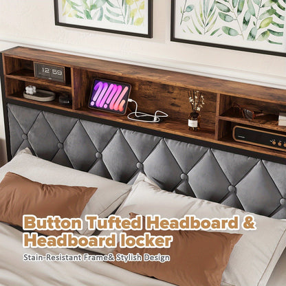 Queen Size Bed Frame with Drawers, Shelf, Headboard & Charging Station(Brown)