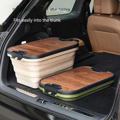 1 Set Outdoor Camping Folding Storage Box with Wooden Lid - Coffee Color