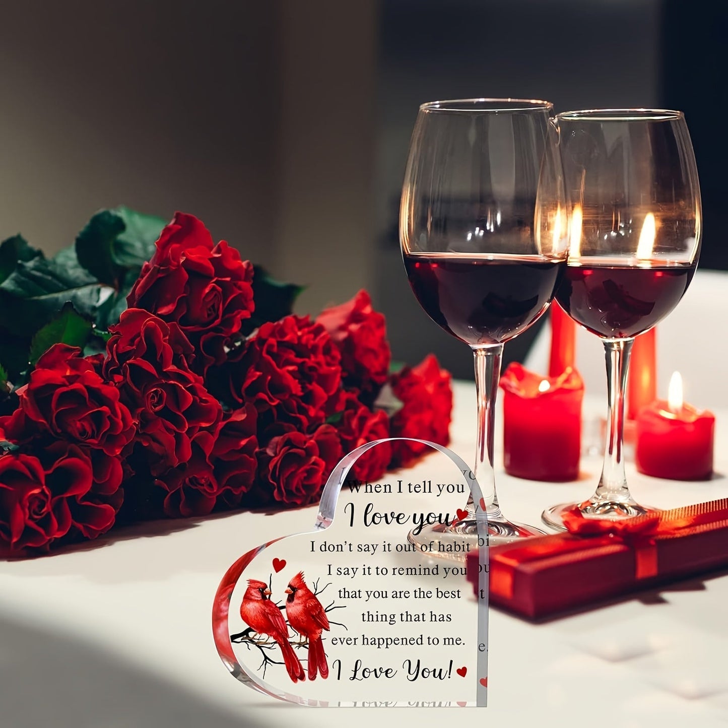 Charming Acrylic Heart-Shaped Red Bird Ornament