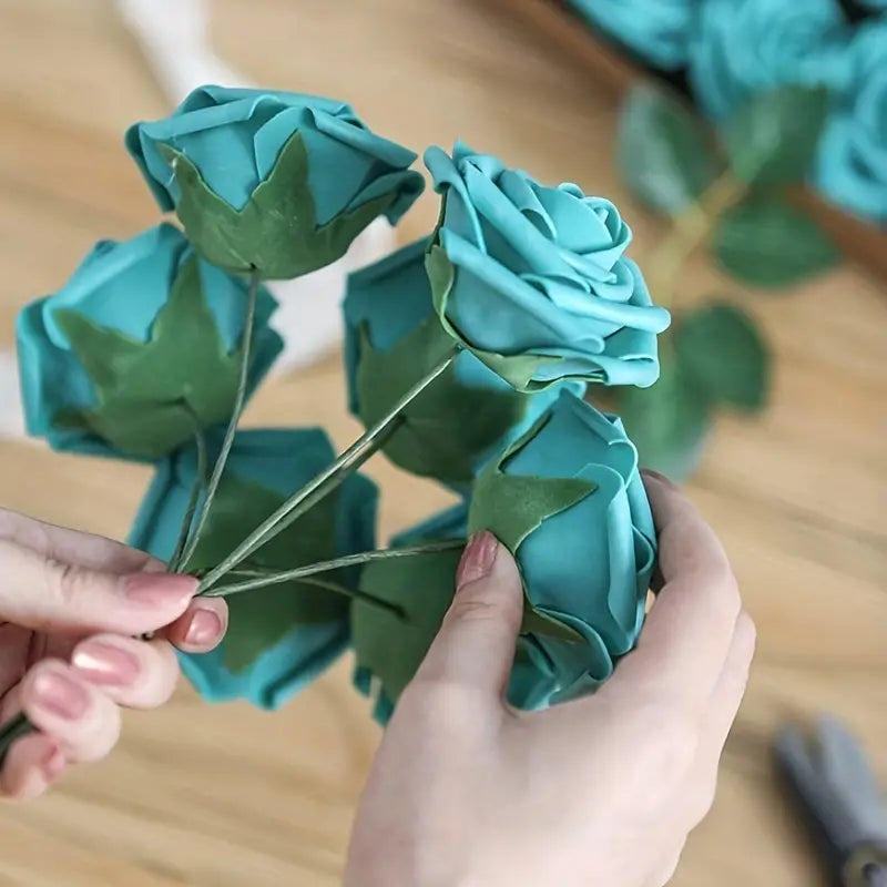 25pcs Teal Green Artificial Roses with Flexible Stems