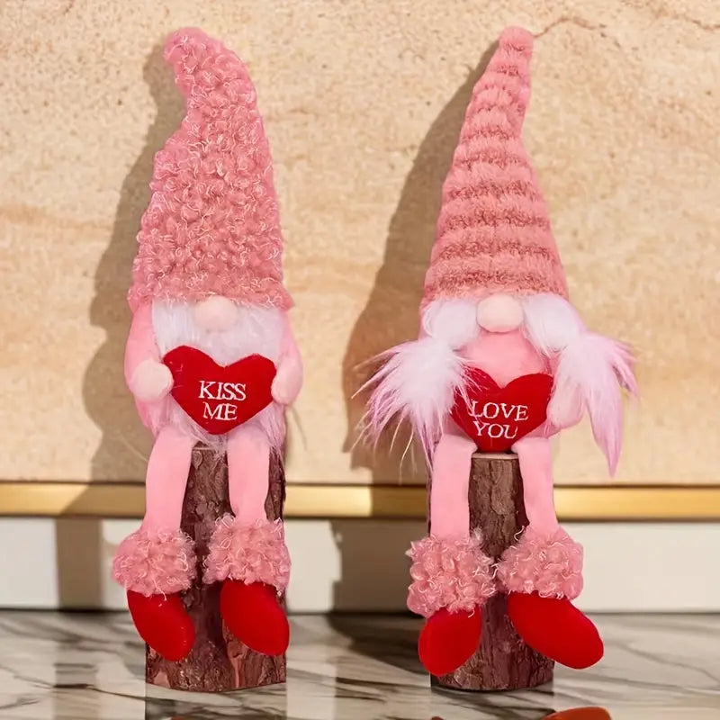 Romantic Handmade Plush Valentine's Day Gnome Decor Set - Long Leg Love Heart Design