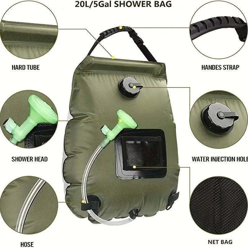 5 Gallon Solar Heated Camping Shower Bag - Portable Bath Bag