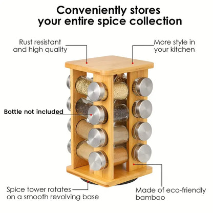 Bamboo Revolving Spice Rack - 16-Jar Countertop Organizer for Kitchen Storage
