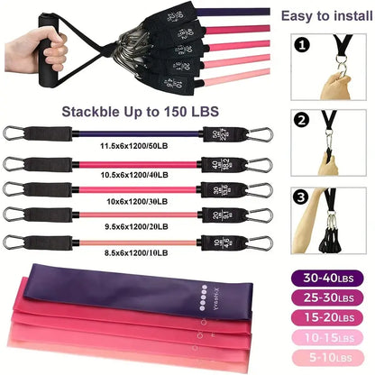 17pcs Fitness Resistance Bands Set – Medium Tension