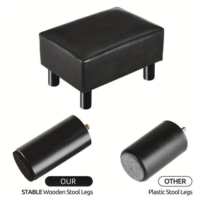 Small Wooden Leg Ottoman: Black PU Faux Leather Footrest