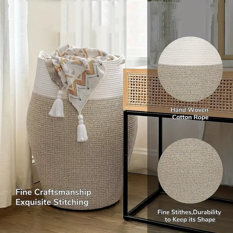 Woven Cotton Laundry Basket with Curve Shape and Handles - Large