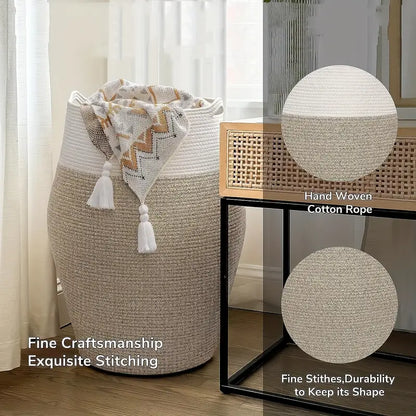 Woven Cotton Laundry Basket with Curve Shape and Handles - Large