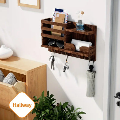 Traditional Wooden Wall-Mounted Storage Shelf with Hooks