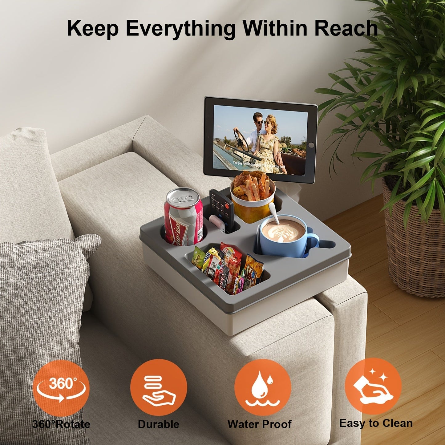 Silicone Sofa Caddy Tray with Cup & Phone Holder