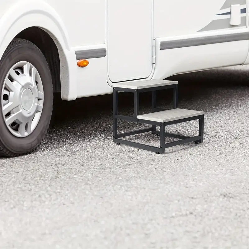 Heavy Duty 2-Step Steel and Wooden Step Stool - Grey