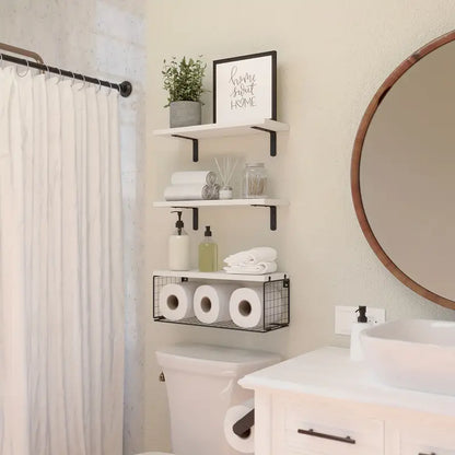 Elevate your bathroom decor with these sleek wood floating shelves