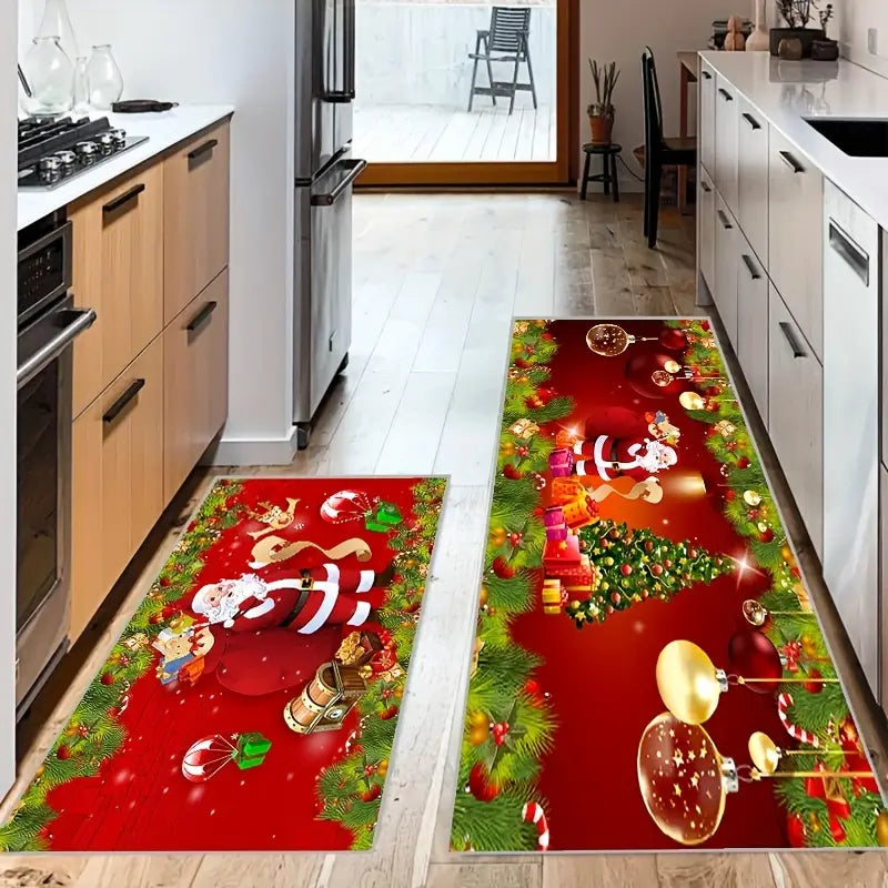 Add Festive Cheer with 2pcs Red Santa Claus Kitchen Mat Set