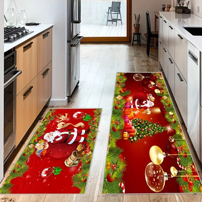 Add Festive Cheer with 2pcs Red Santa Claus Kitchen Mat Set