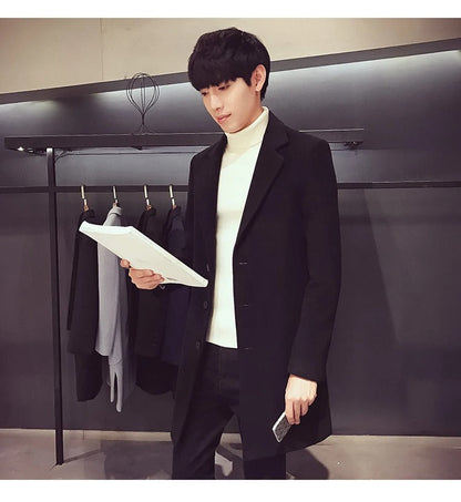 Men's Cotton Wool Blend Long Windbreaker Coat (Black)