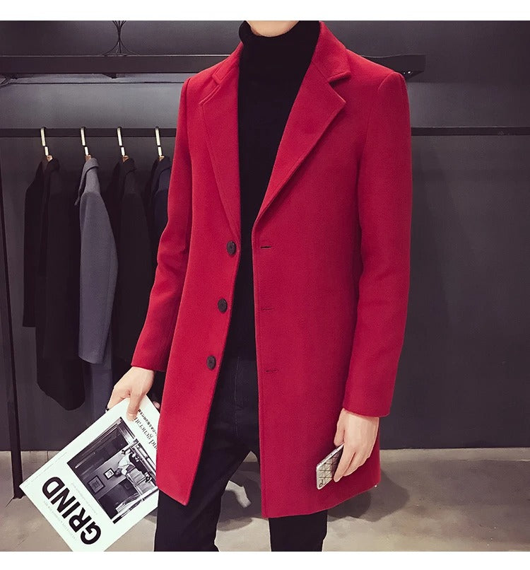 Men's Cotton Wool Blend Long Windbreaker Coat (Black Red)