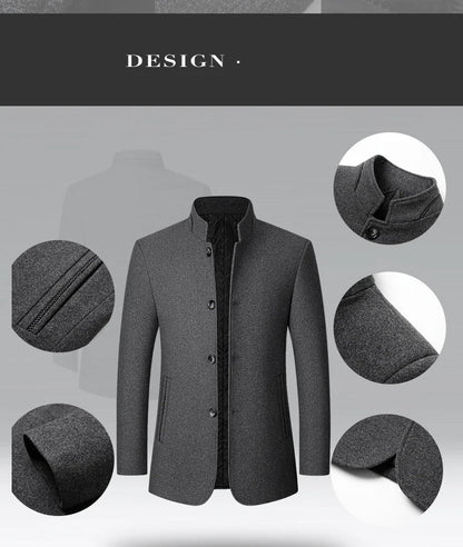 Mens Winter Wool Coat Stand Collar Business Jacket (Gray)