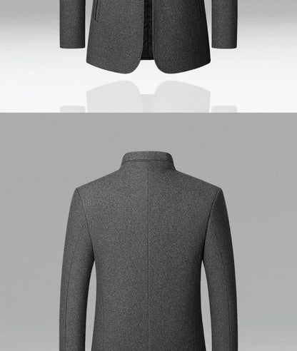 Mens Winter Wool Coat Stand Collar Business Jacket (Gray)
