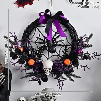 Halloween Wreath Skull and Purple Flower Door Decor
