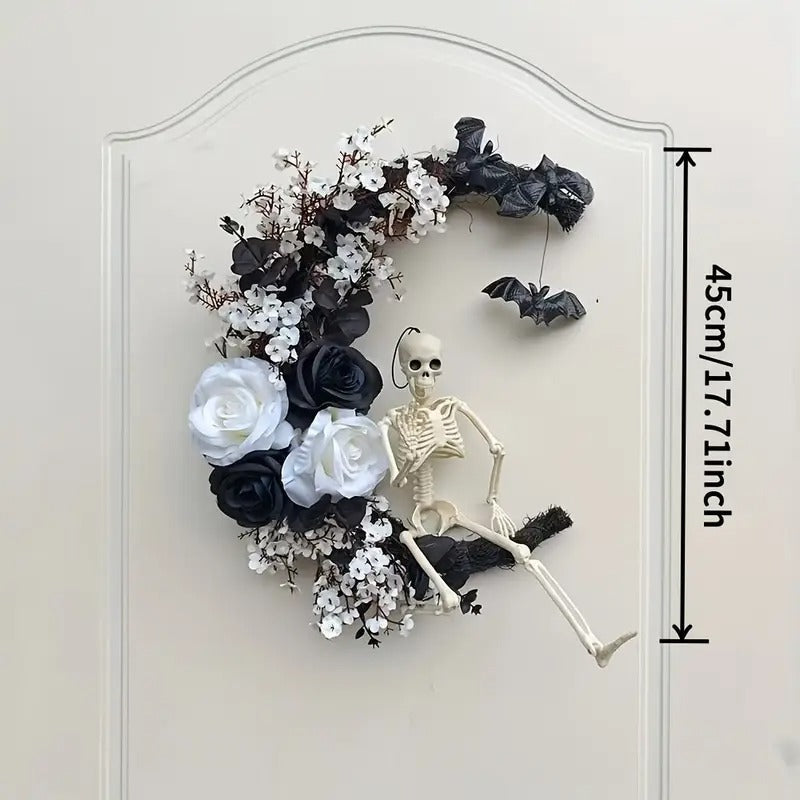 Halloween Moon Black Wreath Skull Bones Bats Roses