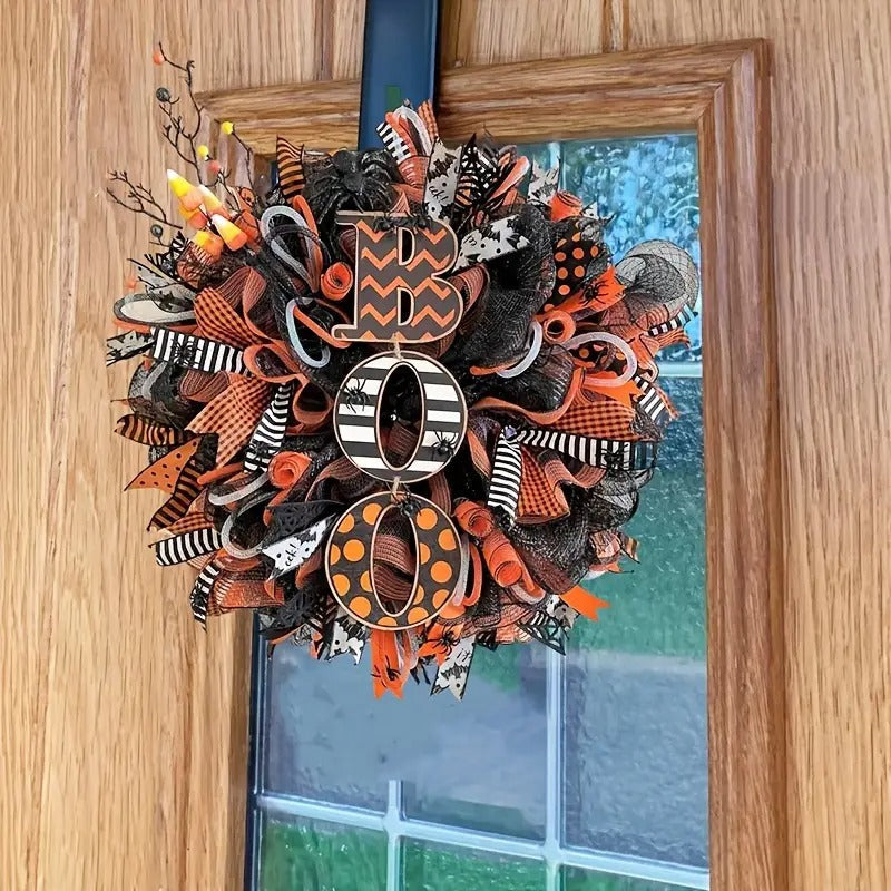 Halloween Mesh Wreath with Boo Design