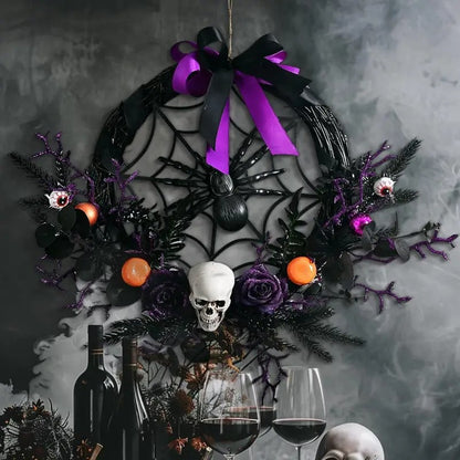 Halloween Wreath Skull and Purple Flower Door Decor
