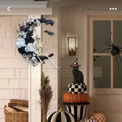 Halloween Moon Black Wreath Skull Bones Bats Roses