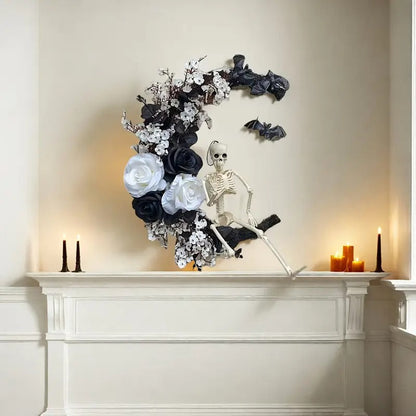 Halloween Moon Black Wreath Skull Bones Bats Roses