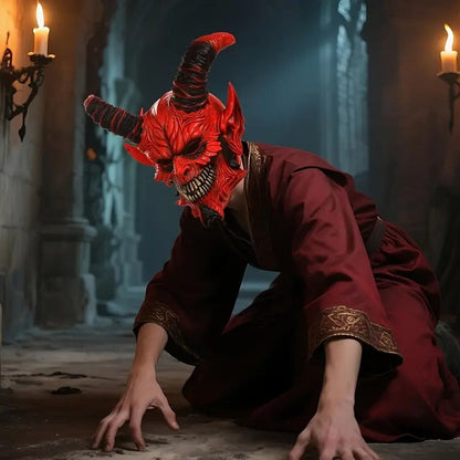 Demon Horror Mask Latex Headgear Red with Horns
