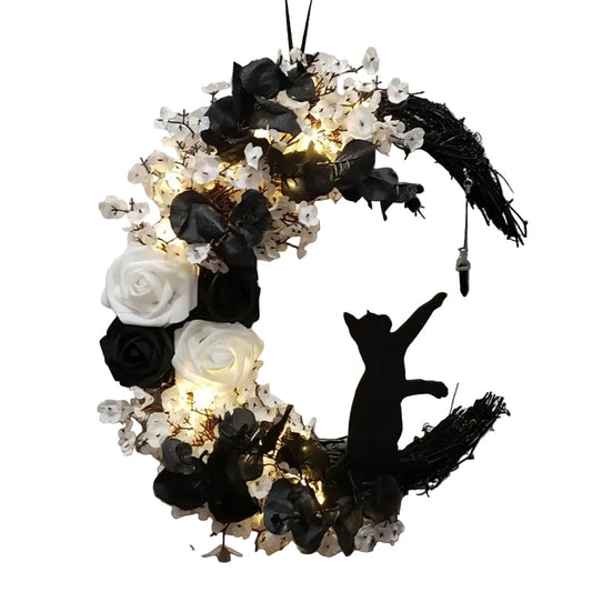 Gothic Cat Moon Wreath Door Hanging Decor
