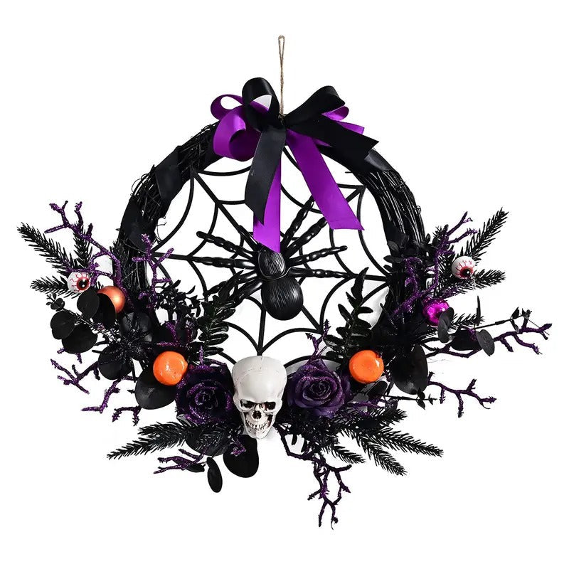 Halloween Wreath Skull and Purple Flower Door Decor