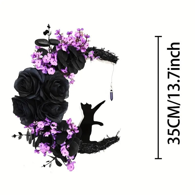 Halloween Black Cat Crescent Moon Wreath