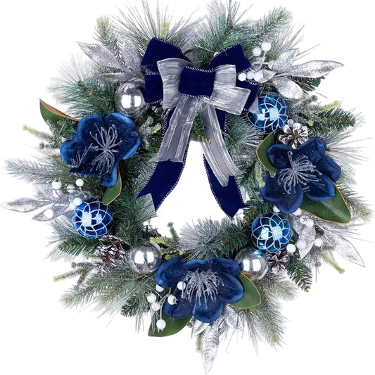 Large Artificial Christmas Wreath with Blue Bow