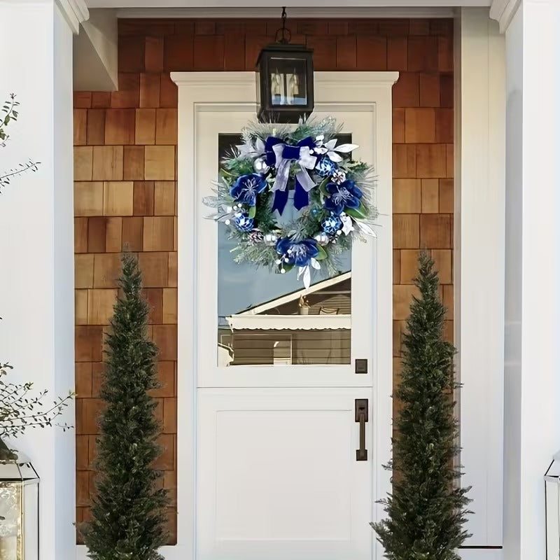 Large Artificial Christmas Wreath with Blue Bow
