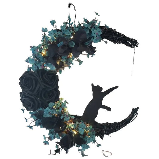Gothic Cat Moon Wreath Halloween Door Decor