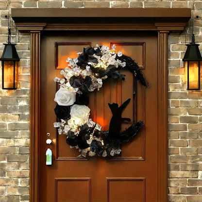 Gothic Cat Moon Wreath Door Hanging Decor