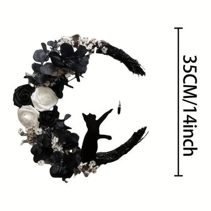 Gothic Cat Moon Wreath Door Hanging Decor