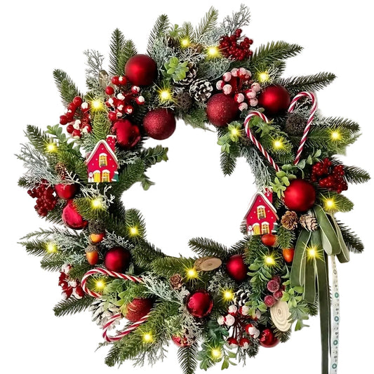 Christmas Wreath with Red Berries, Pine Cones & Candy Accents