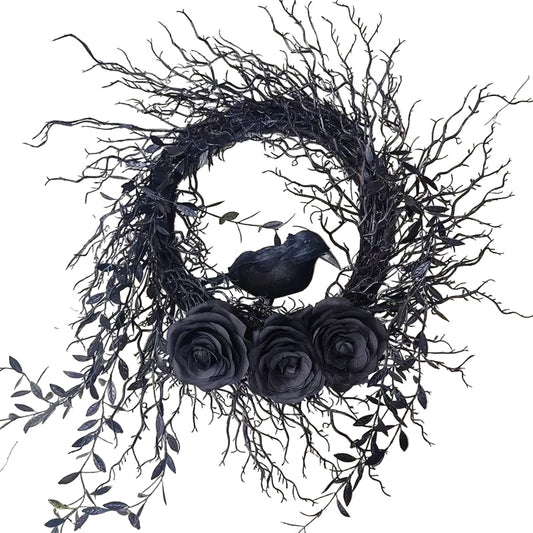 Halloween Wreath Crow & Dark Blue Roses