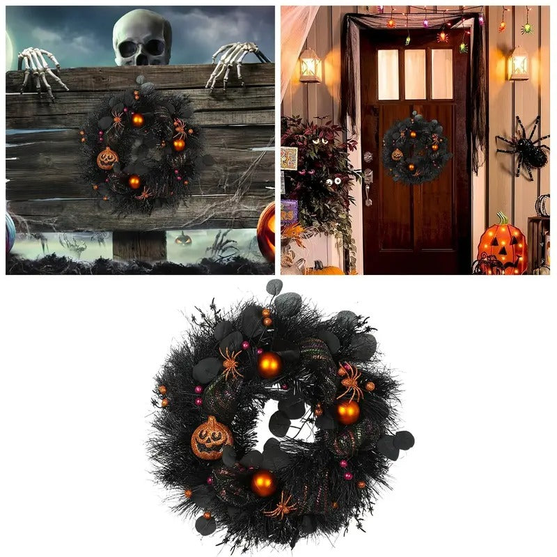 Halloween Black Wreath with Pumpkin Skull