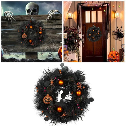Halloween Black Wreath with Pumpkin Skull