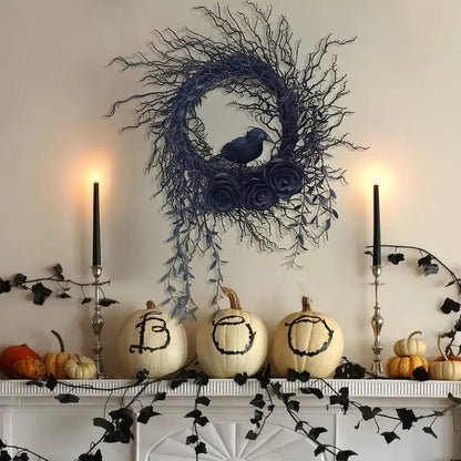 Halloween Wreath Crow & Dark Blue Roses
