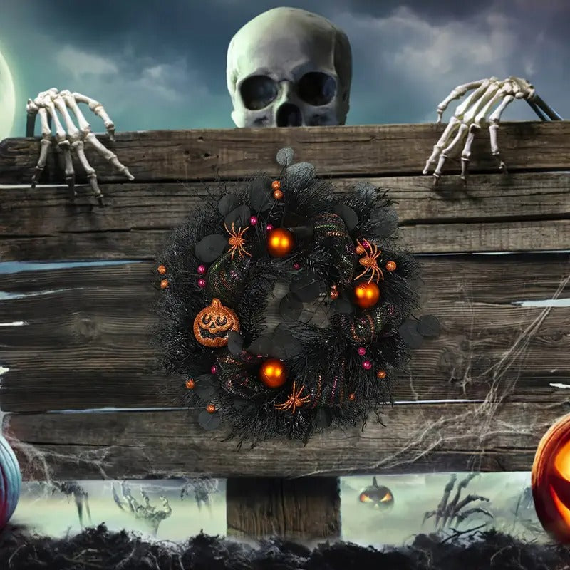 Halloween Black Wreath with Pumpkin Skull