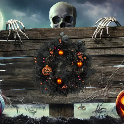 Halloween Black Wreath with Pumpkin Skull